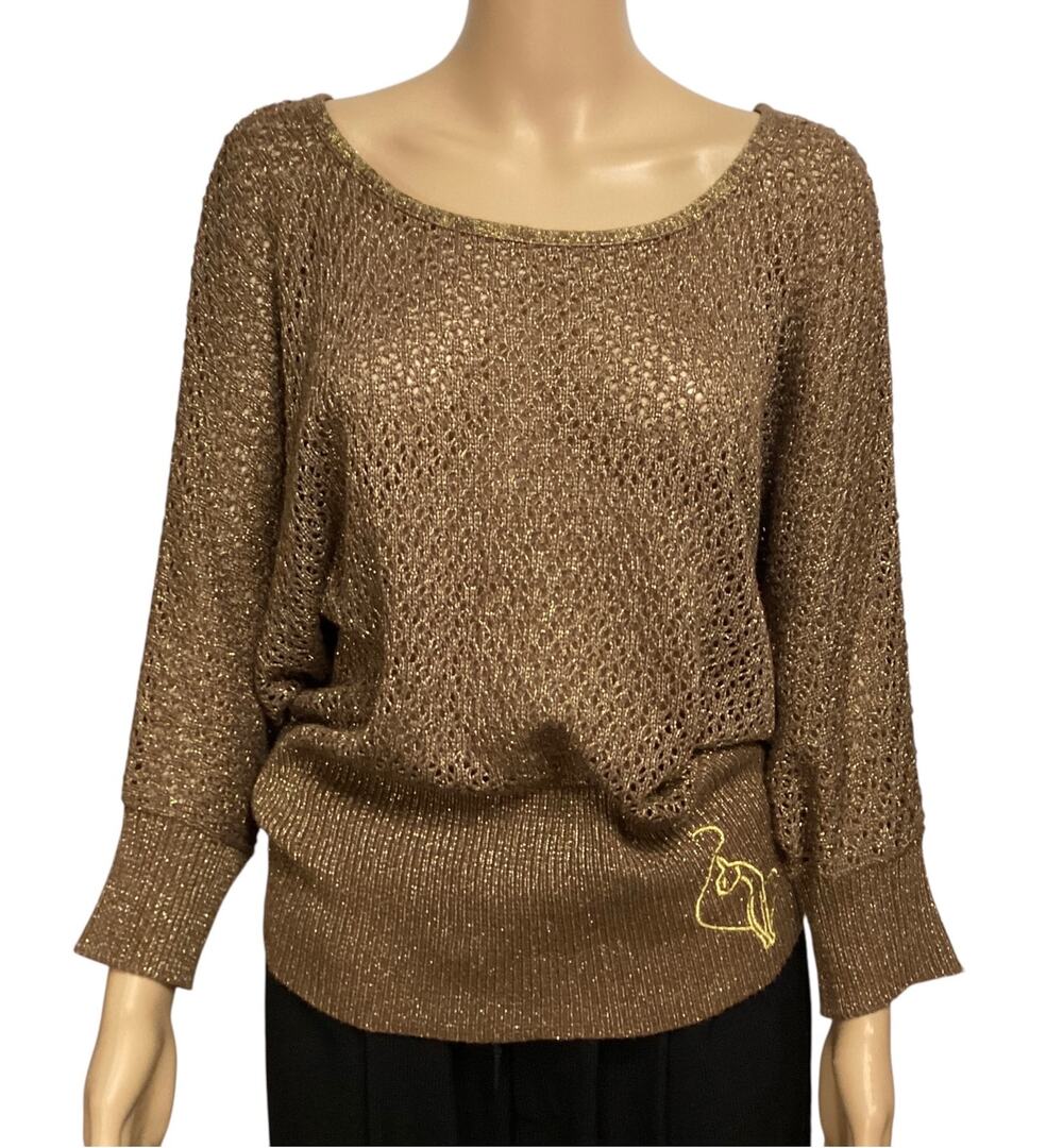 Vintage Baby Phat Y2K Metallic Gold Open Knit Batwing Tunic Sweater XL/1X